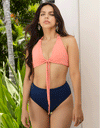 Farrah bikini halter top has a fashion forward removable tie, moderate support, full coverage, and comfortable halter ties.