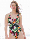 Del-ray one-piece swimsuit with a modern high-cut thigh, vintage style, colorful print, and handmade comfort.